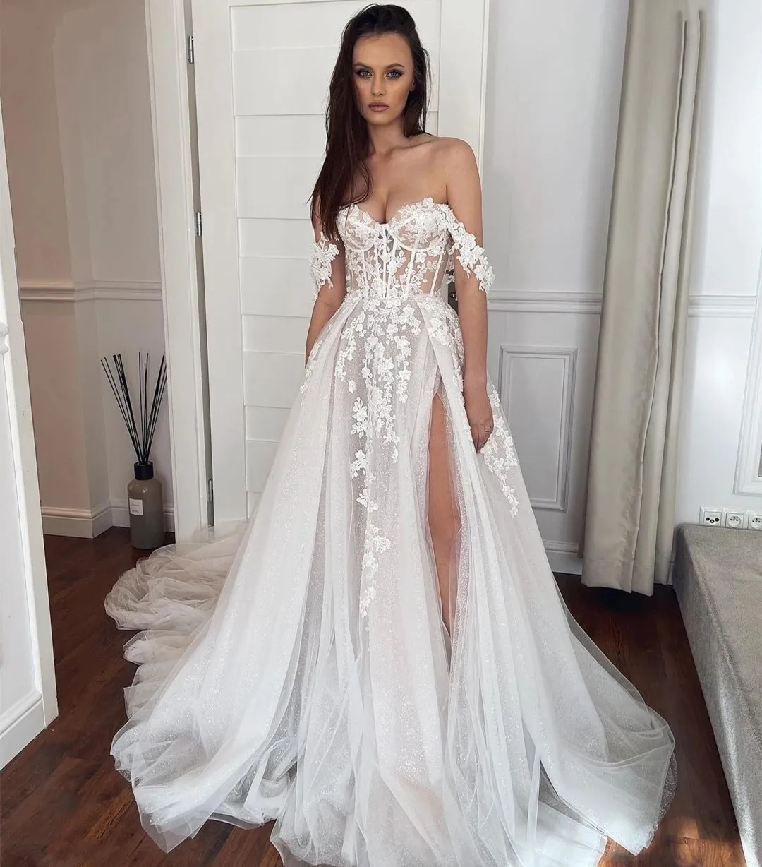 2023 Sexy Off-Shoulder Appliques Lace Tulle Short Sleeves Mermaid Wedding  Dresses with High Side Split Overskirts