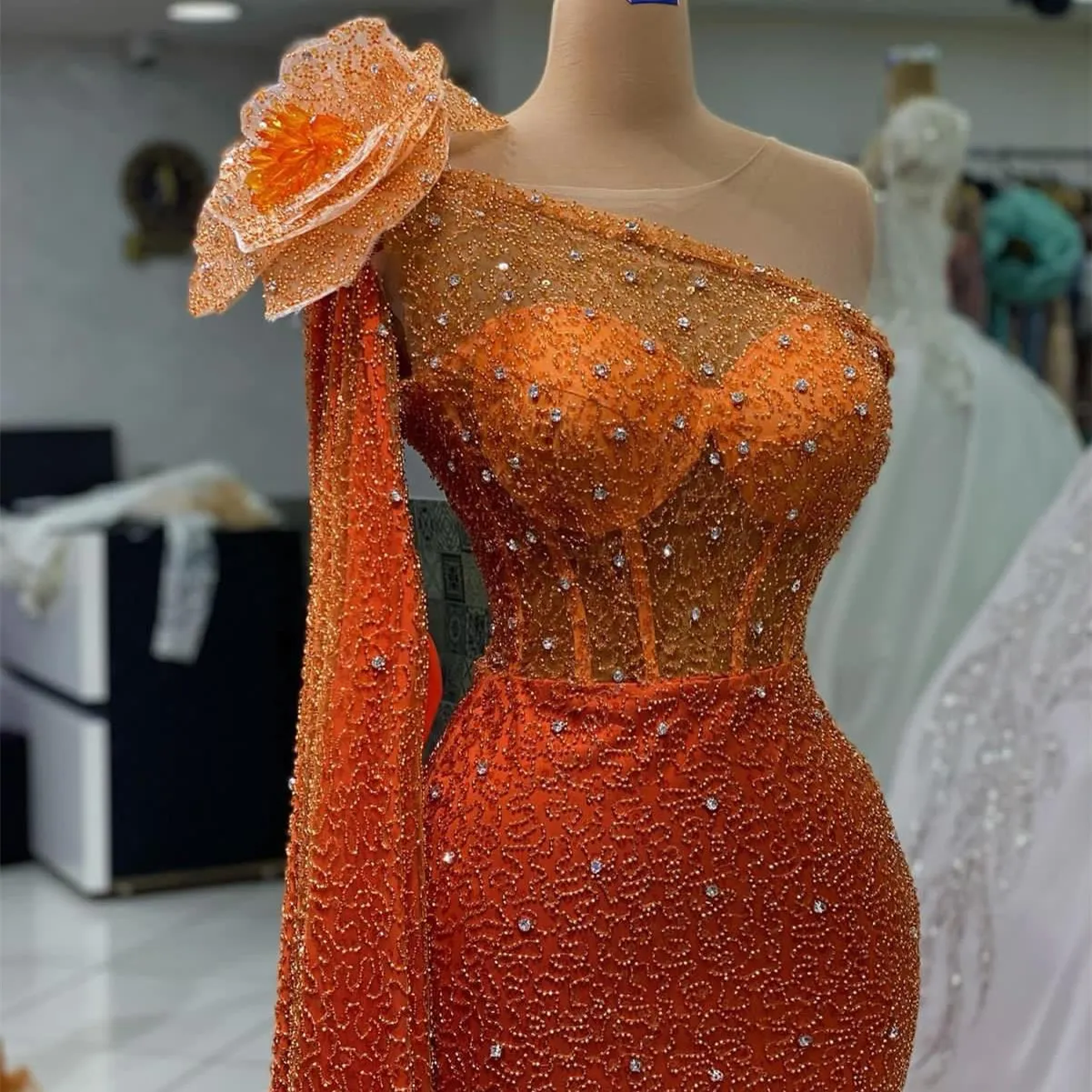 orange engagement dress Customized Crystal Orange Mermaid Prom Dress Long Sequined Lace Evening  Wedding Party Second Reception Birthday Engagement Gowns
