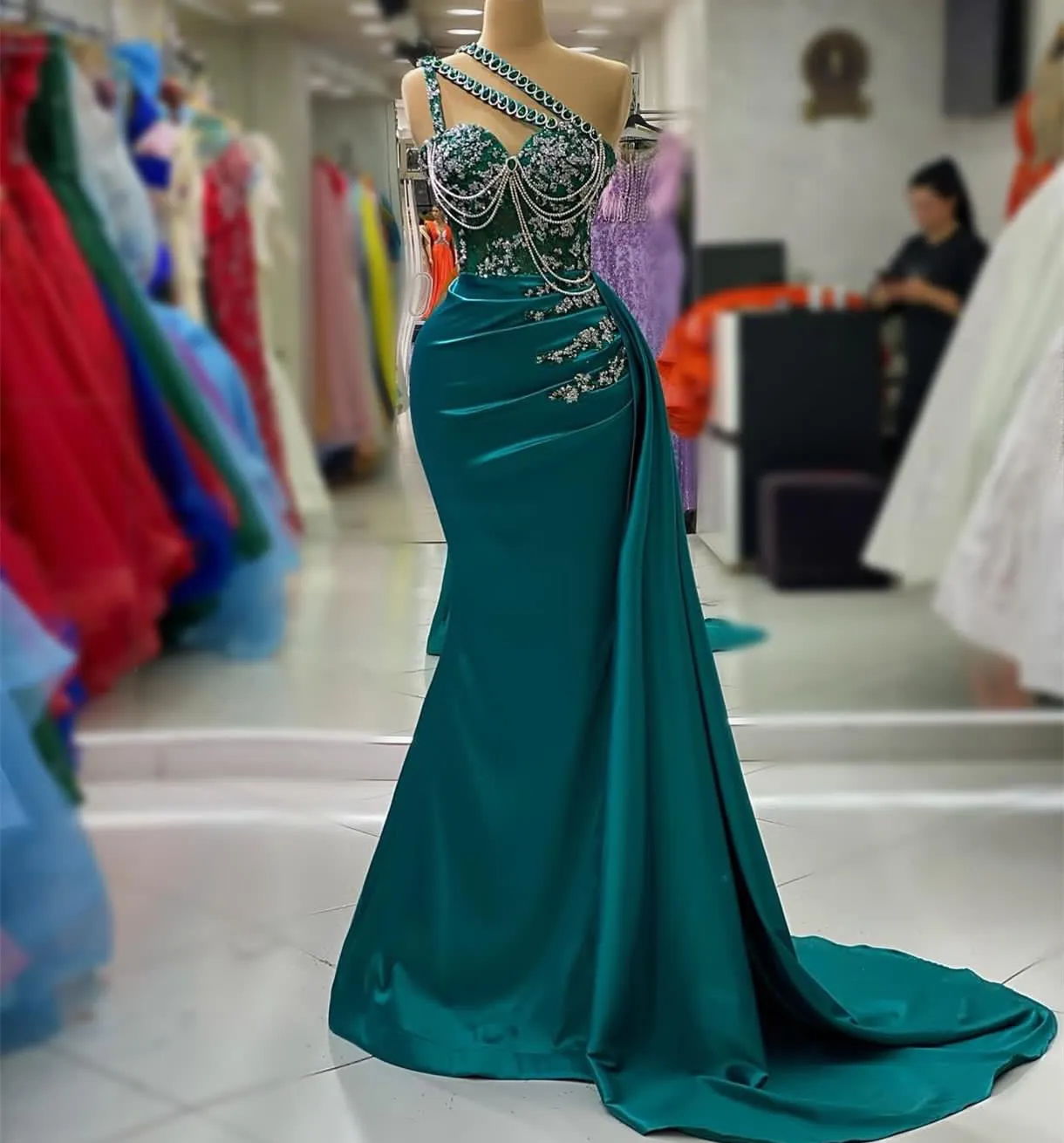 slim fit dress slacks Peacock Sleek Satin V-Neck Dress For Prom With Beading And Lace-Up Bac