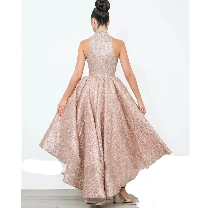 Custom-Made Rose Pink Halter Asymmetrical Homecoming Dresses with Plunging Sequins and Glitter - A-Line High/Low Cocktail Party Gown for Prom and