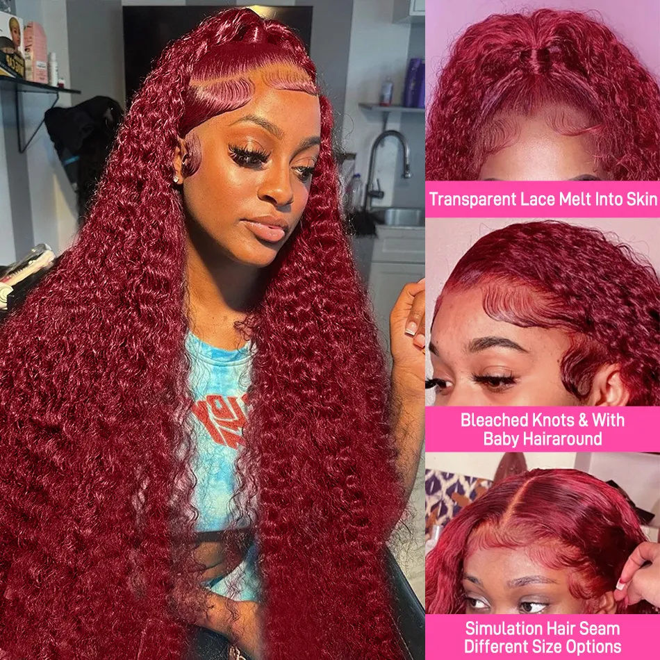 5x5 Deep Wave 99j Burgundy Lace Front Human Hair Wigs Curly Red 13x6 13x4 Lace Frontal Wig 40 Inch Closure Colored Glueless Wigs