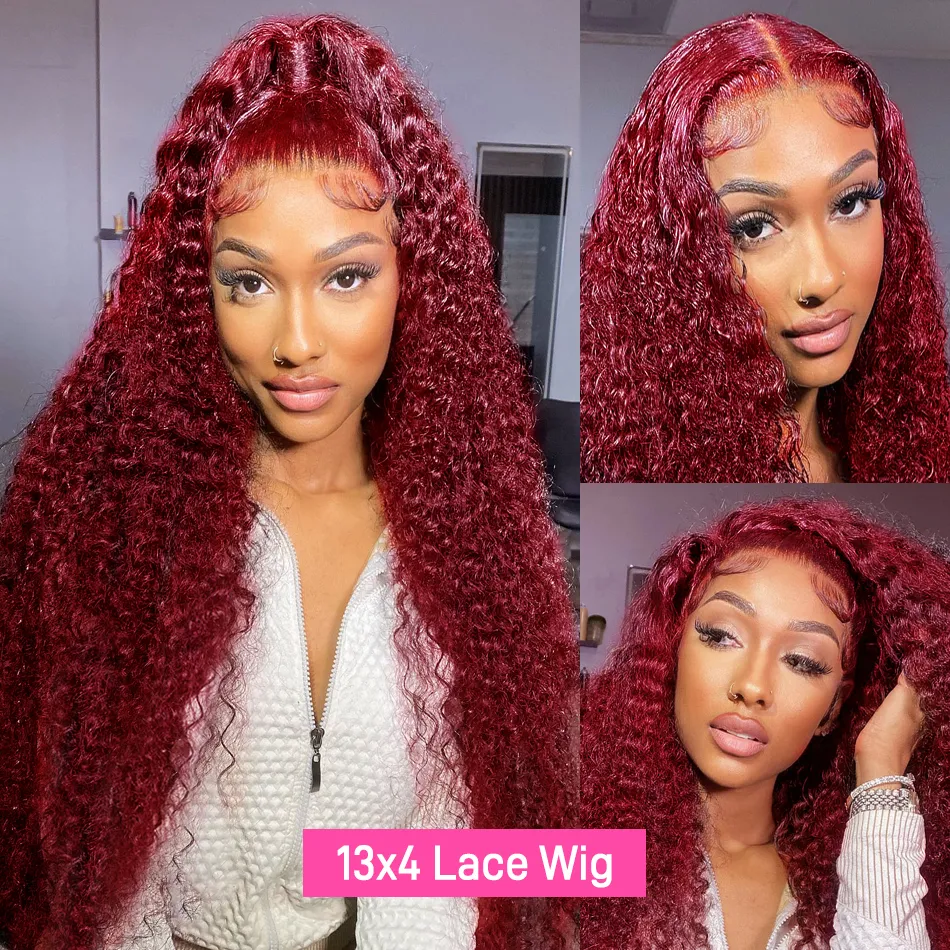 5x5 Deep Wave 99j Burgundy Lace Front Human Hair Wigs Curly Red 13x6 13x4 Lace Frontal Wig 40 Inch Closure Colored Glueless Wigs