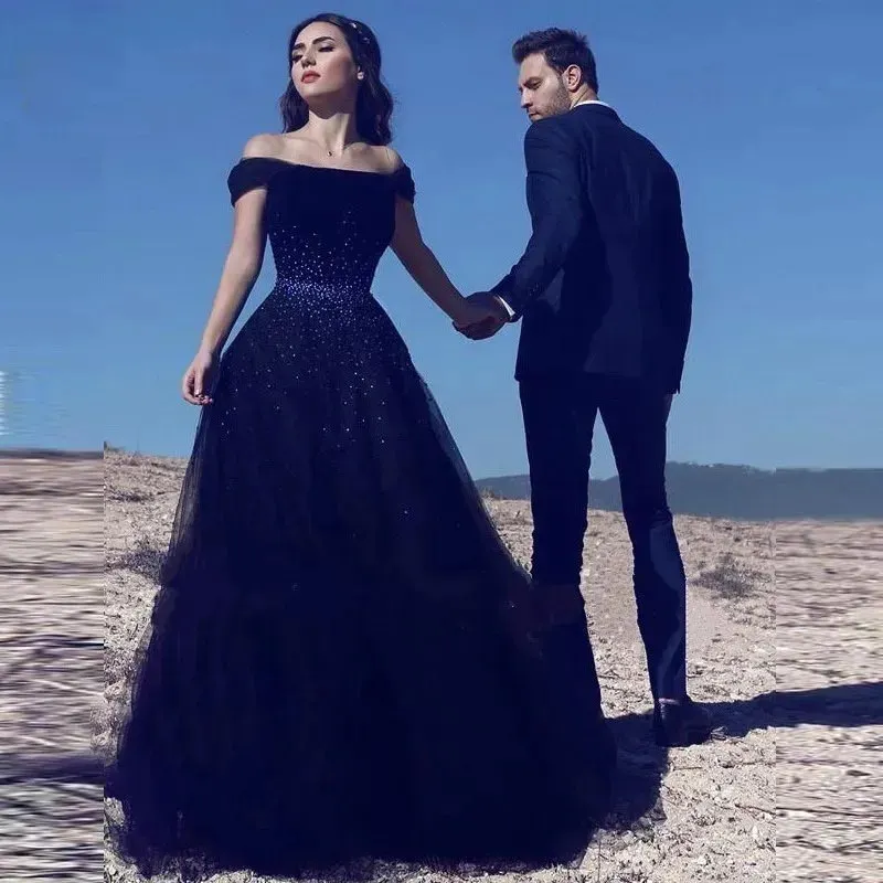 Elegant Black Wedding Dresses Off Shoulder Tulle Bridal Gowns with Lace Up Back