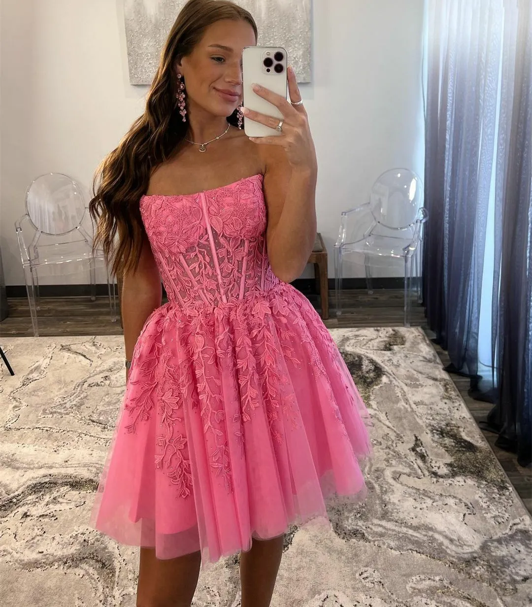 Pink Lace Strapless Pink Sparkly Homecoming Dress With Knee Length Corset  Back And Pockets Elegant Kneveless Prom Party Gown For Women From  Dyy_dress88, $99.5