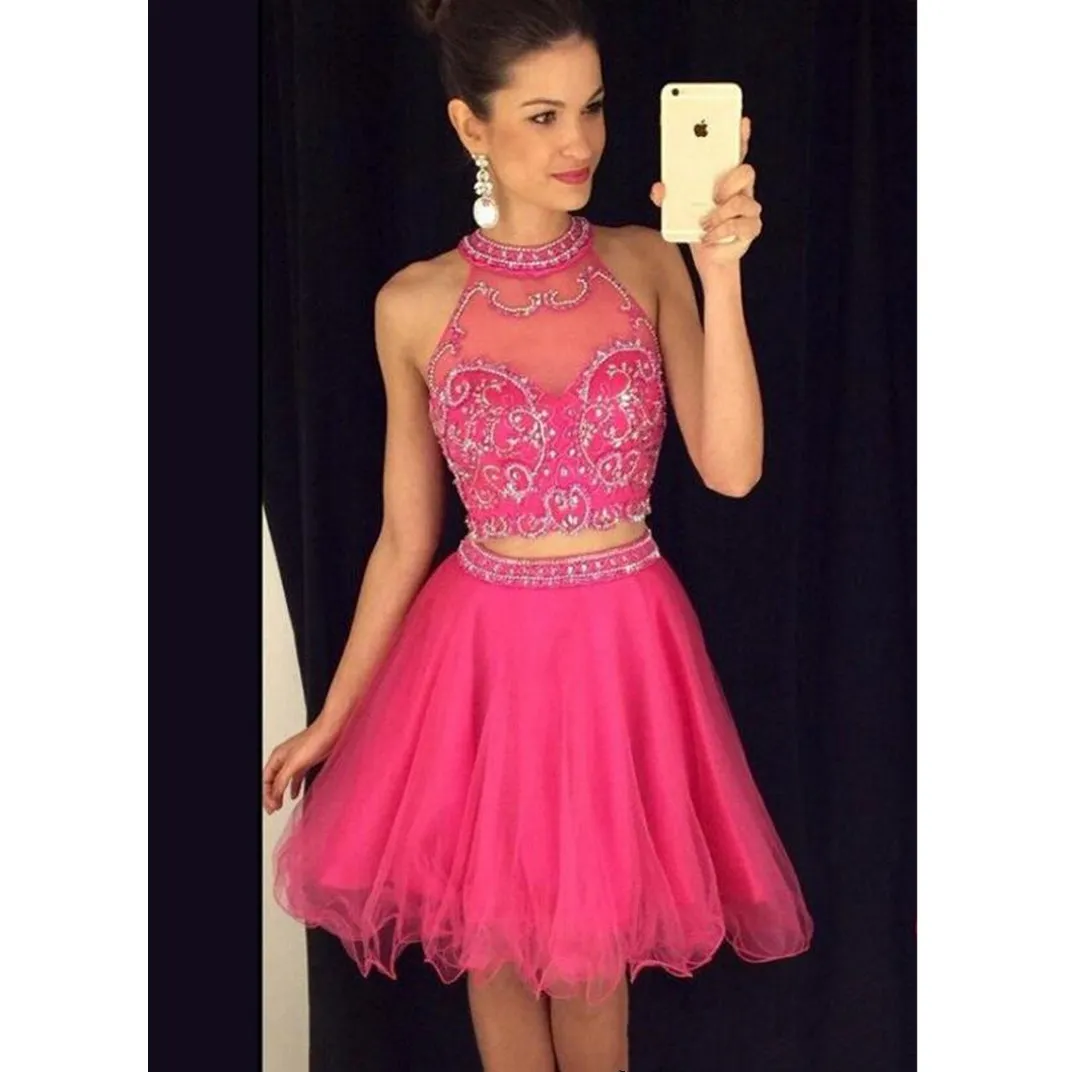 2024 Backless Halter Tulle Homecoming Dress with Zipper and Beaded  Applique, Short Mini A-Line from Dhgate Homecoming Dresses - price 229.15
