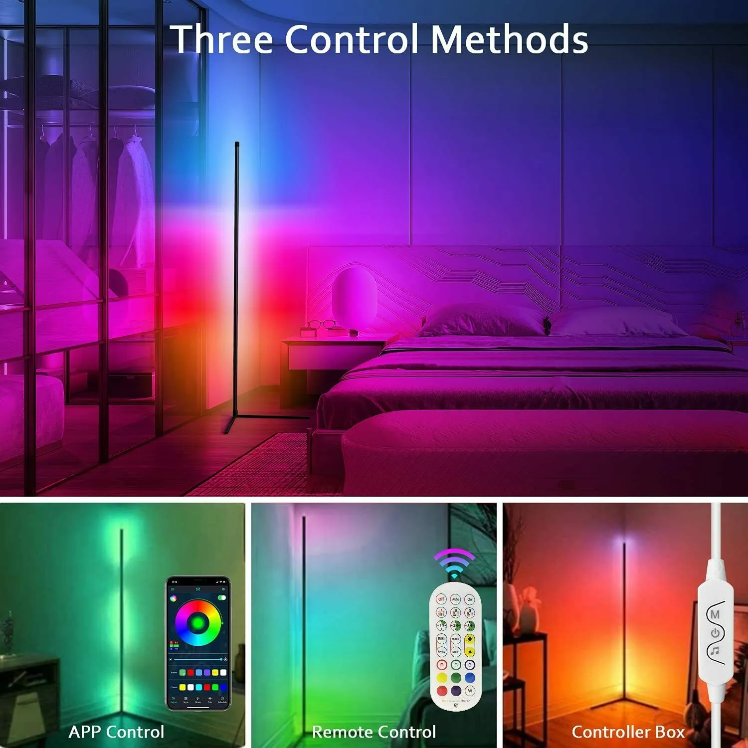 Smart RGB Corner Floor Lamp With Bluetooth And Remote, Dimmable