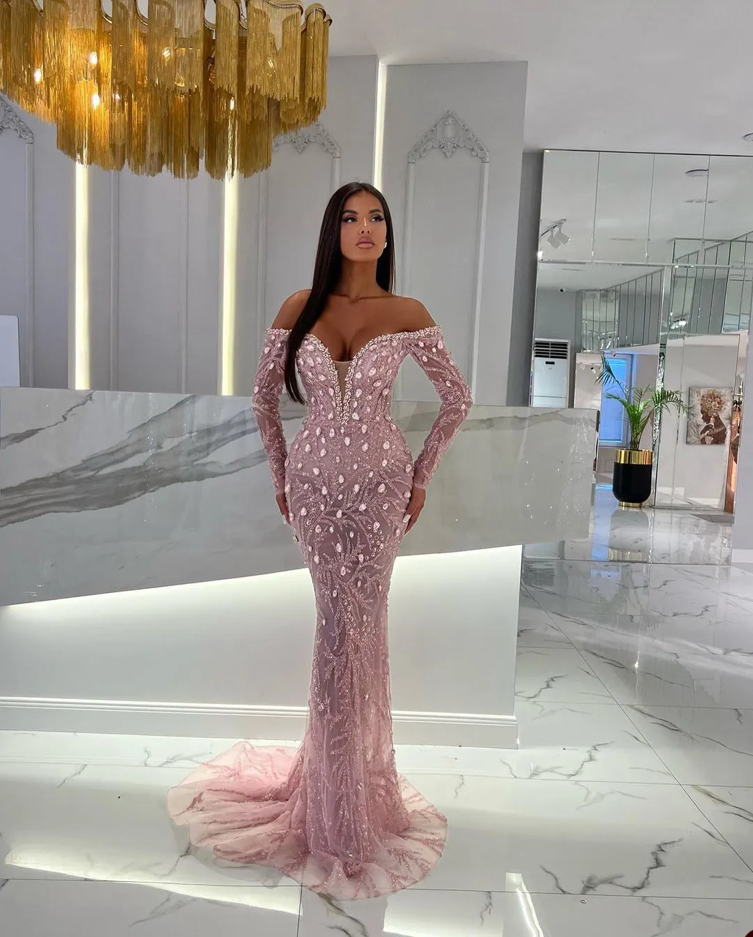 knee length dresses for ladies Eureka Fashion 9696 - Floral Sequin Mermaid Prom Gown Xs / Pink main image 0