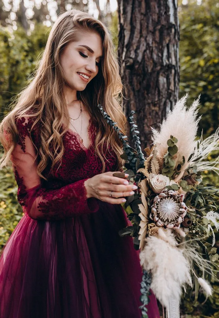 Burgundy and Vintage A-Line Tulle maroon dress for wedding with Long Sleeves, V-Neck, Backless Design, Lace Appliques, and Pastrol Style for Garden or