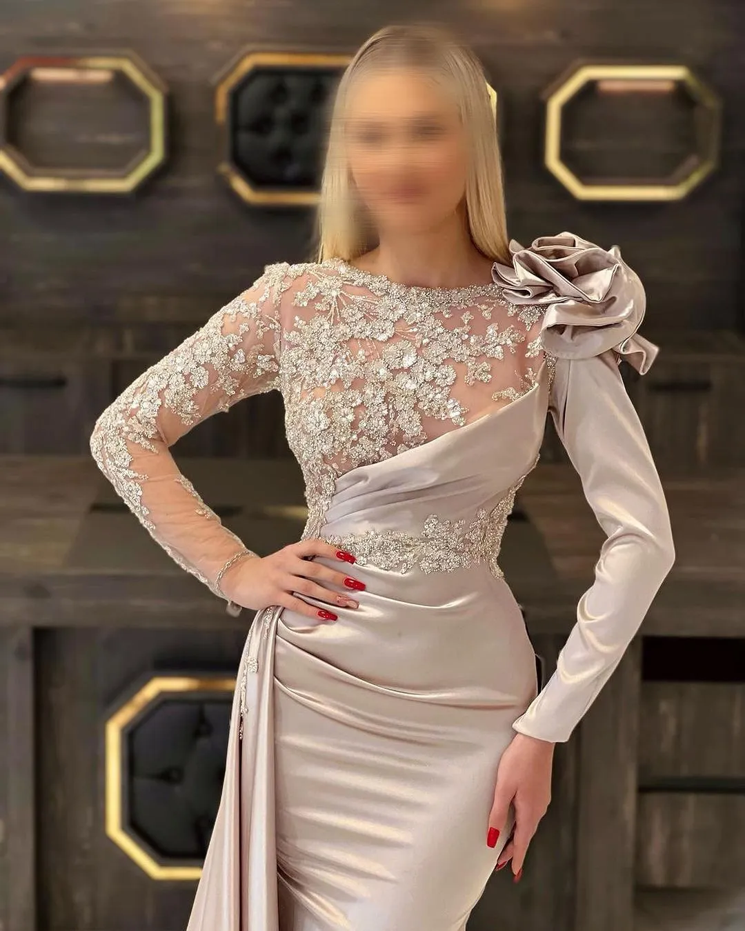formal dress sheer sleeves Elizabeth K GL3629 Prom Dress - Champagne main image 1