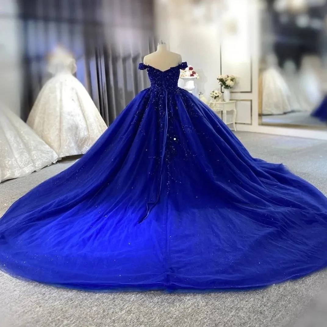 Elegante vestido de fiesta de princesa azul real Vestidos de quincea era con hombros descubiertos y apliques dulces 15 16 vestido de fiesta Vestidos