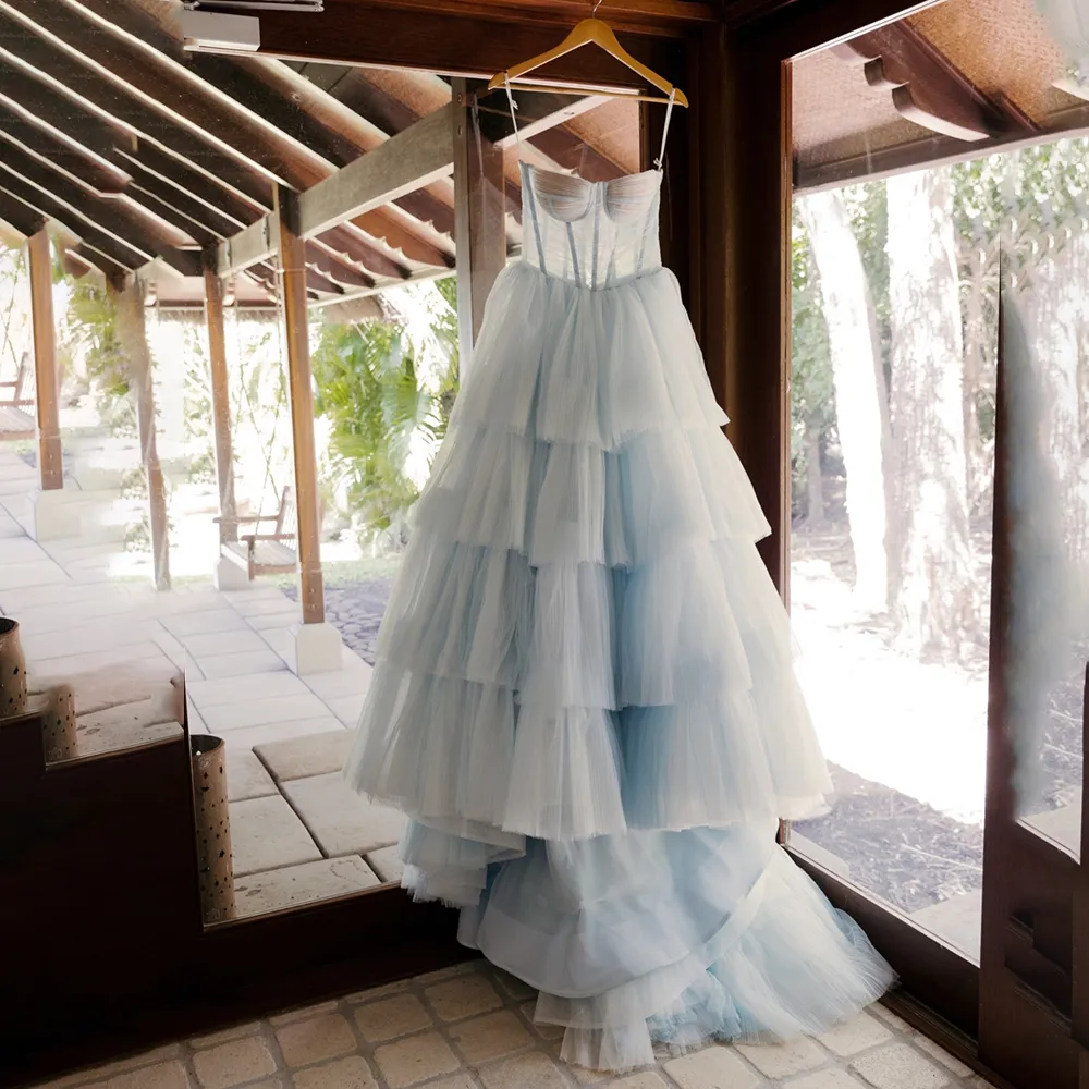 Luxury Blue A-Line Tulle Beach Wedding light Blue prom dress for Women - Plus Size, Spaghetti Straps, Tiered, Korean Bridal Hippie Robe de Mariee