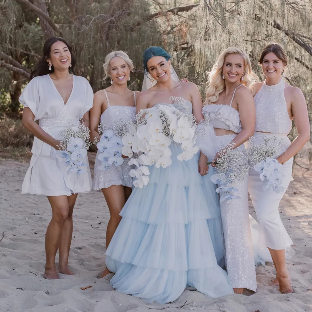 light blue dress for beach wedding A-line Sky Blue Bohemian Tulle Beach Summer Wedding Dresses Custom Color / US16 main image 1