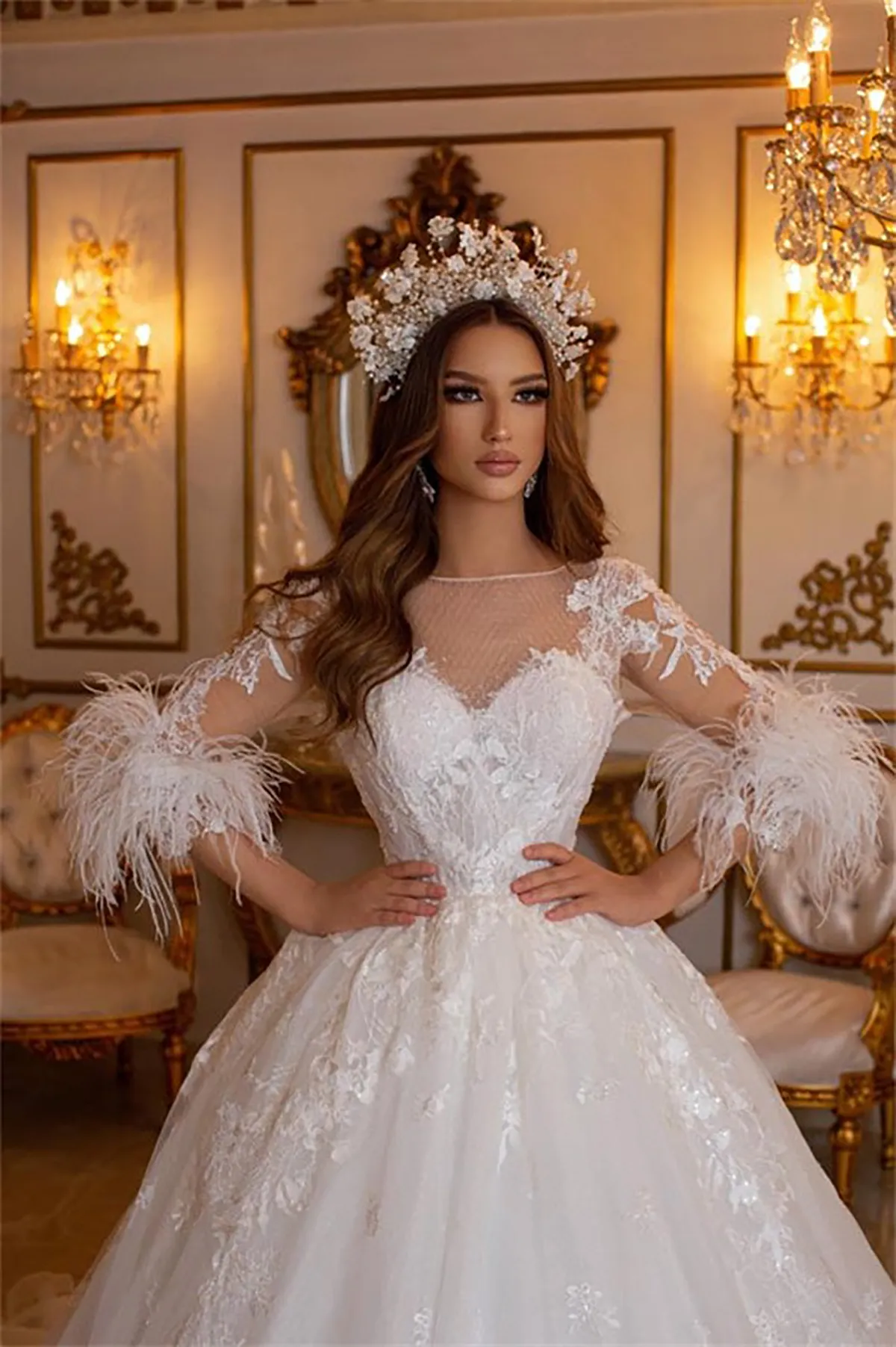 Gold Sequin Ball Gown Bridal Dress Sweetheart Neckline Three Quarter  Sleeves Lace Applique Feather Court Train from Dhgate Ball Gown Wedding  Dresses - price 283.62