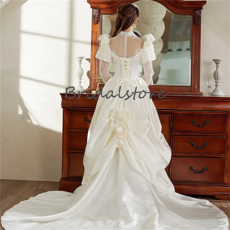 Renaissance Robe De Mari e Cr me 2023 Manches Longues Princesse Ch teau M di val Goth Robes De Mari e Floral Col Haut Victorien Gothique Western Des