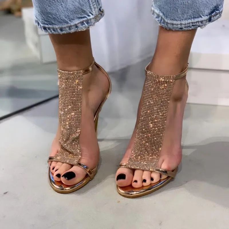 Dames zomer diamant gladiator sandalen veter hoge hakken kristal verfraaide bruiloftsfeestje jurk schoenen leer 2024