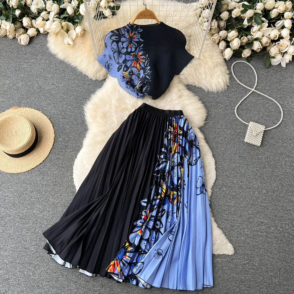 Summer Runway Two Piece Dress Flower Skirt Suit Women's Stretch Colorblock Knit Top High Waist Floral Printed Skirt Holiday Two Piece Set 2023