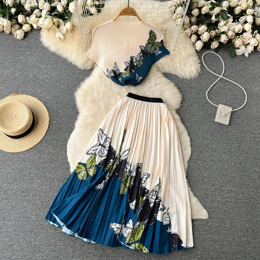 Summer Runway Two Piece Dress Flower Skirt Suit Women's Stretch Colorblock Knit Top High Waist Floral Printed Skirt Holiday Two Piece Set 2023