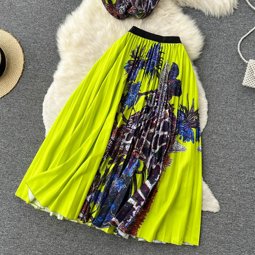 Summer Runway Two Piece Dress Flower Skirt Suit Women's Stretch Colorblock Knit Top High Waist Floral Printed Skirt Holiday Two Piece Set 2023