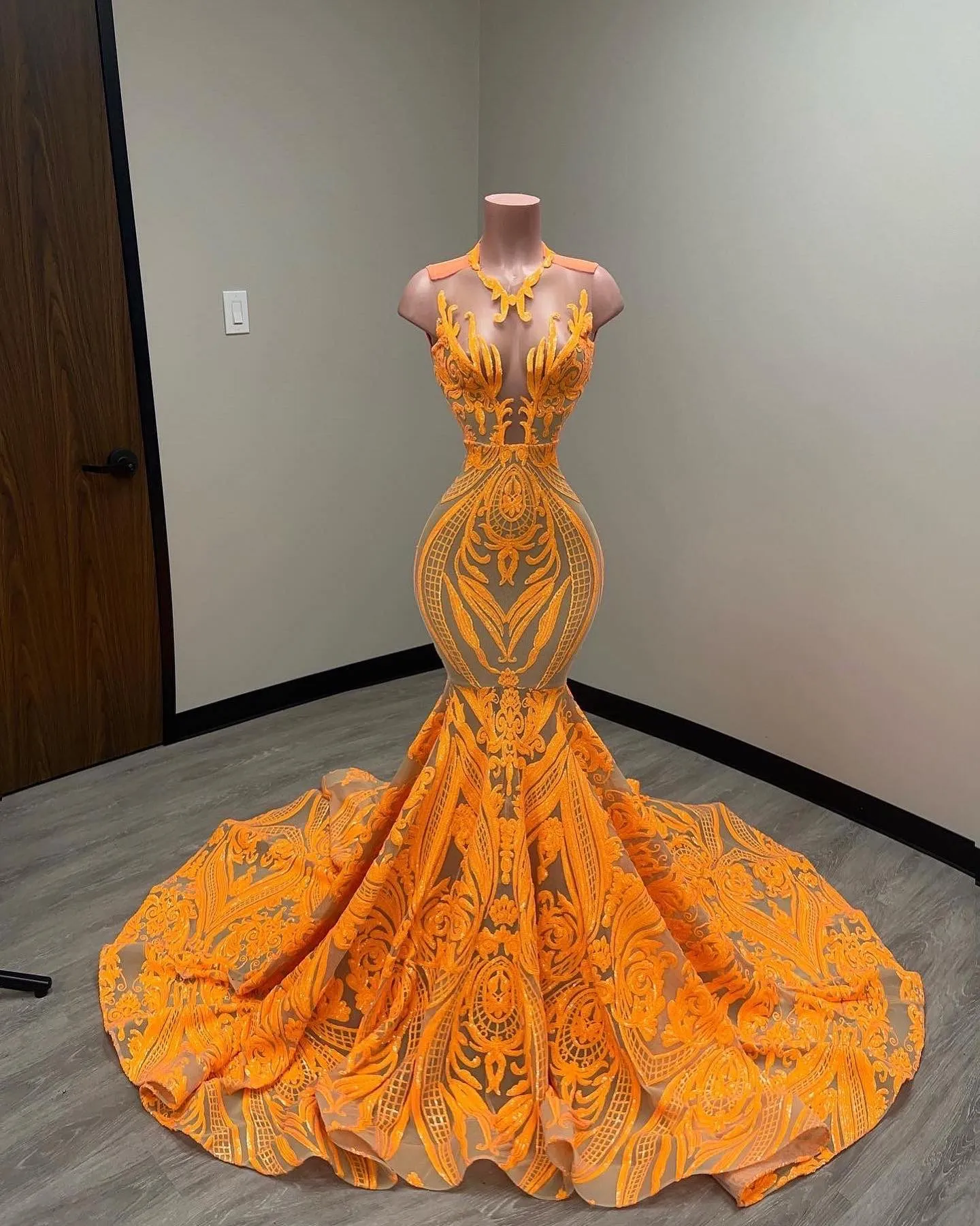 green emerald velvet dress Gold Rhinestone Orange Jersey Feather Long Train Prom Dress main image 1