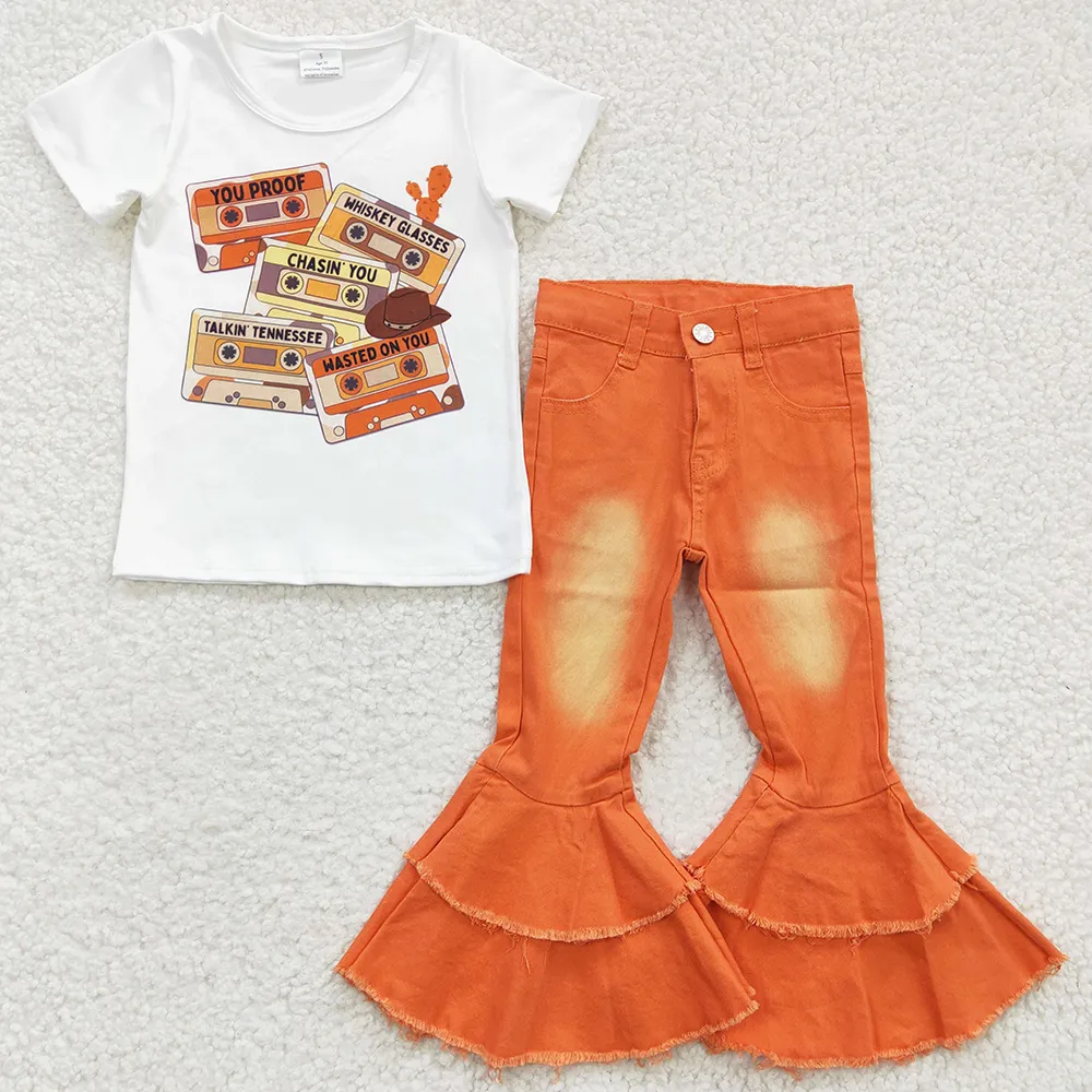 New Fashion Kids Designer Clothes Girls Jeans Sets Boutique Baby Girl Clothing Short Sleeve Denim Bell Bottom Outfits Wholesale Bulk