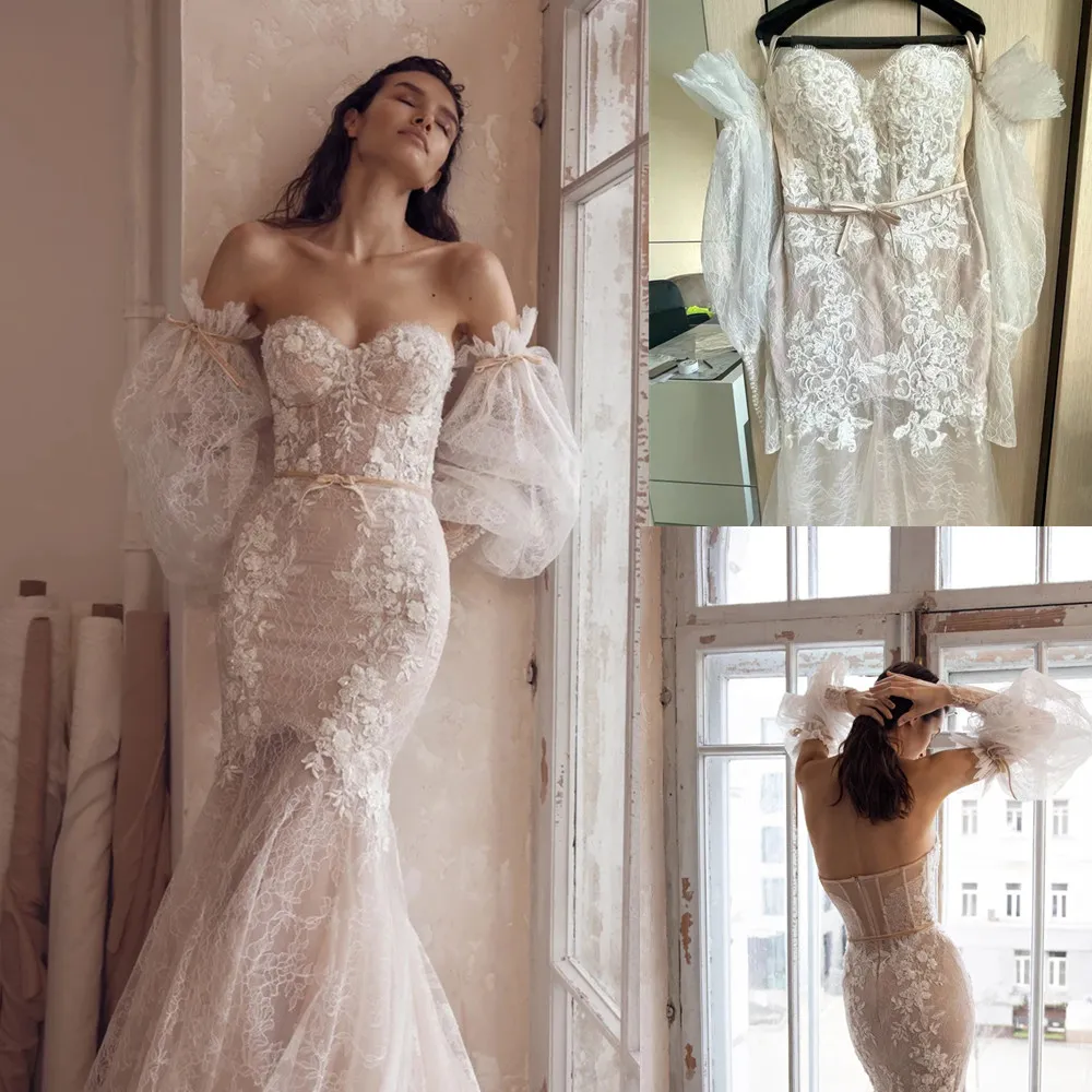 Lian Rokman 2023 Strapless Lace Mermaid Dress With Detachable Long Sleeves Appliqued Lace And Sweep Train From Bestonesell 147.74 DHgate.Com