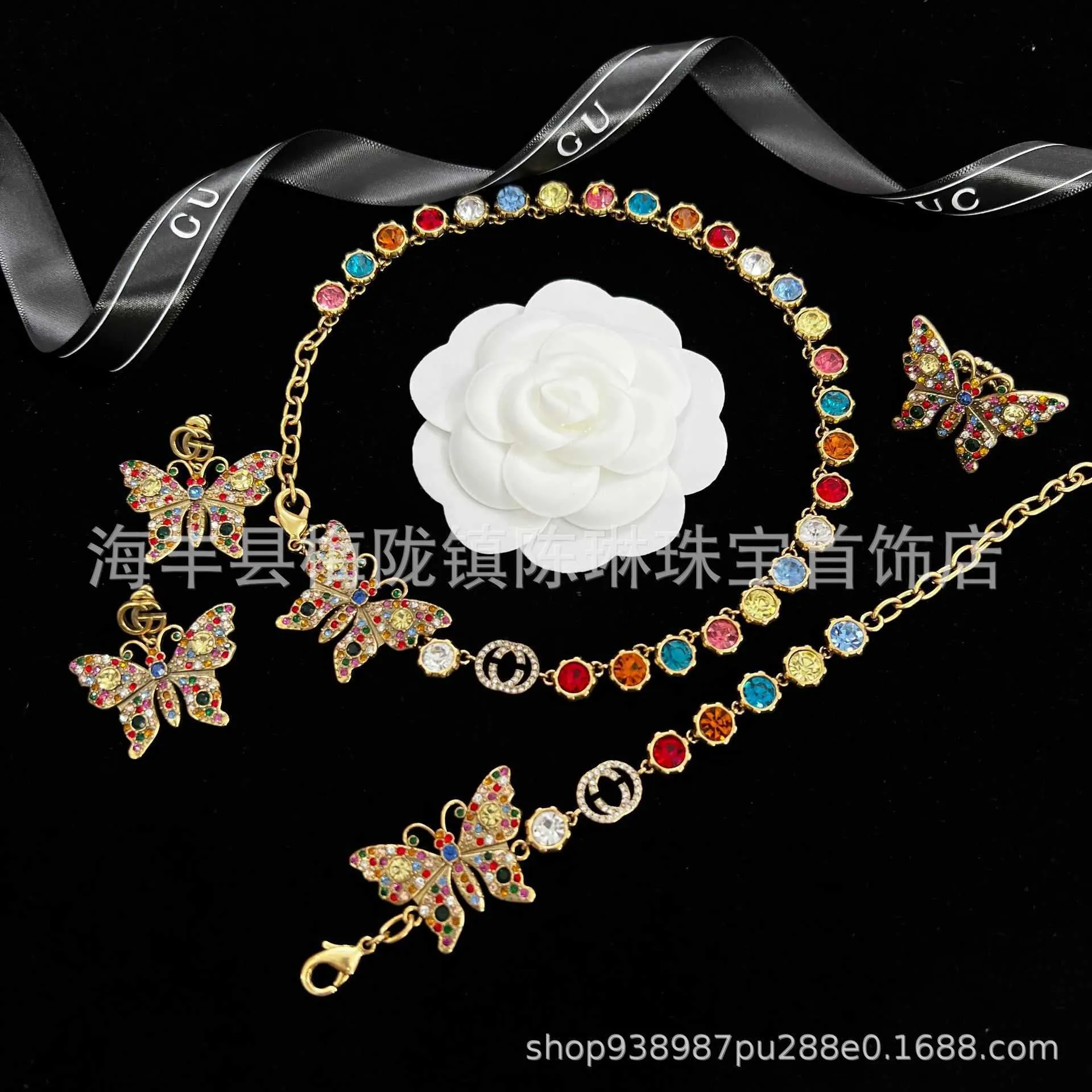 2023 New Luxury High Quality Fashion Jewelry for Double temperament candy color necklace personality full diamond butterfly bracelet family earring