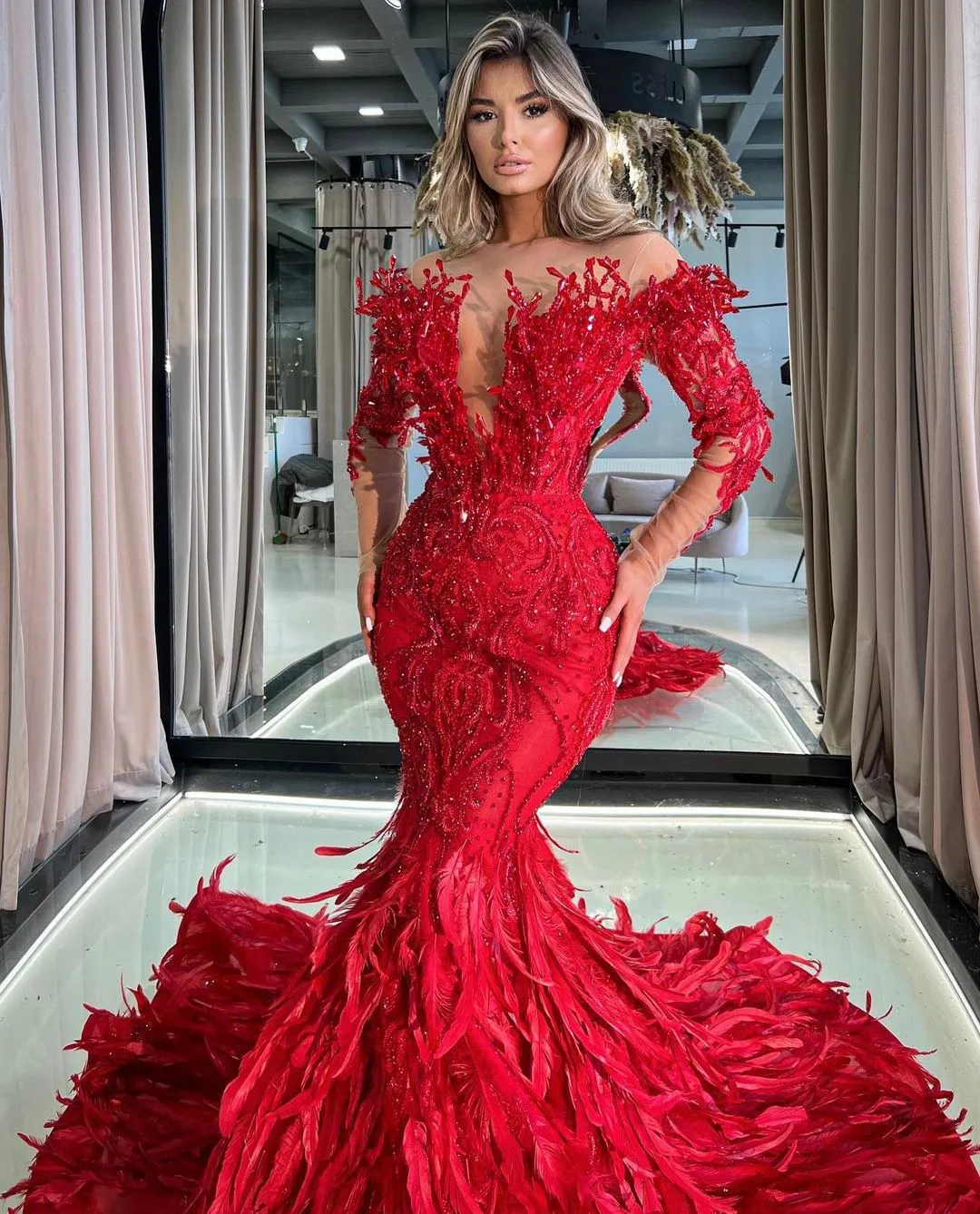 Pearls Sheer Neckline Evening Dresses with Loose Sleeves, Luxury Beaded Prom Dresses Pearls Sheer Neckline Evening Dresses with Loose Sleeves, Luxury Beaded Prom Dresses