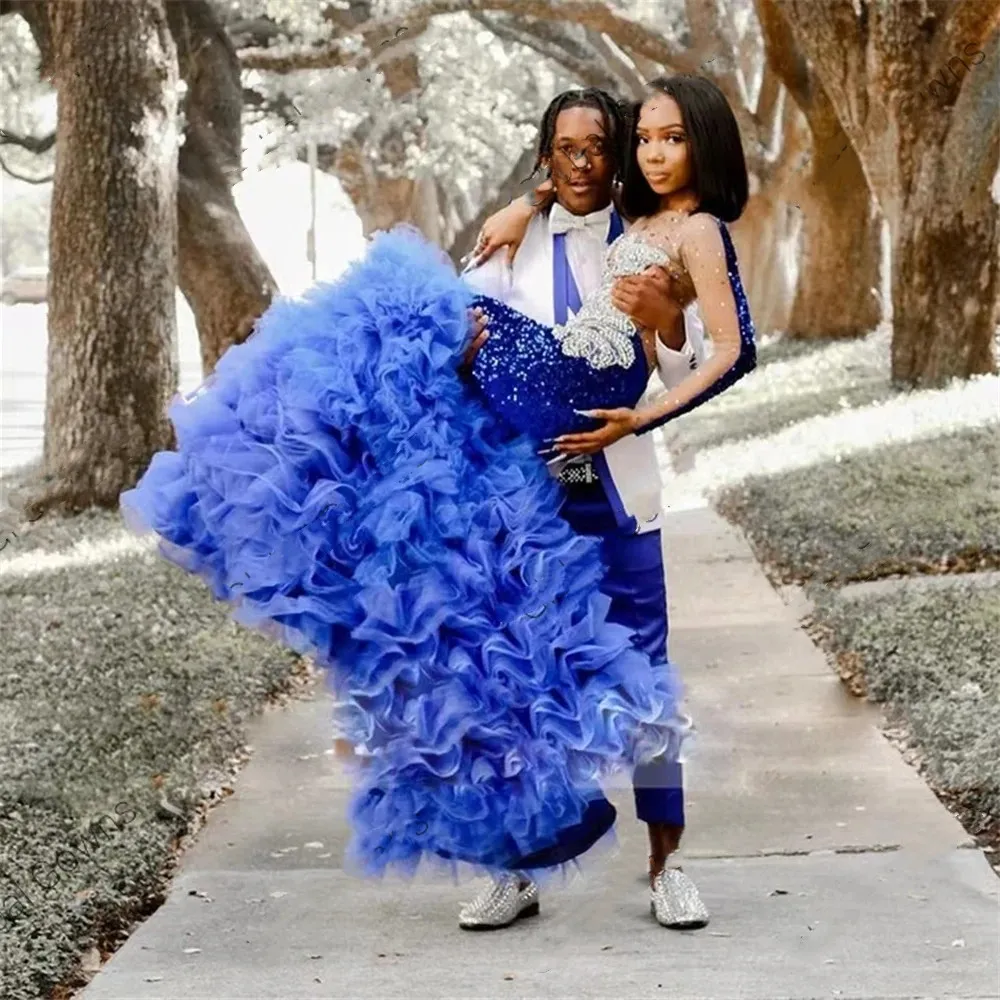 blue and blue dress Crystals Illusion Royal Blue Ruffled Handmade Prom Dress main image 1