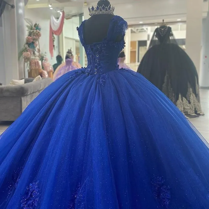 Blue Shiny Princess Quinceanera Dresses Off Shoulder Lace Appliques Crystal Ball Gown Sweet 16 Dresses Vestidos De 15 Anos Custom