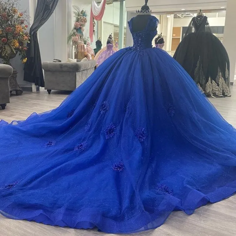 Blue Shiny Princess Quinceanera Dresses Off Shoulder Lace Appliques Crystal Ball Gown Sweet 16 Dresses Vestidos De 15 Anos Custom