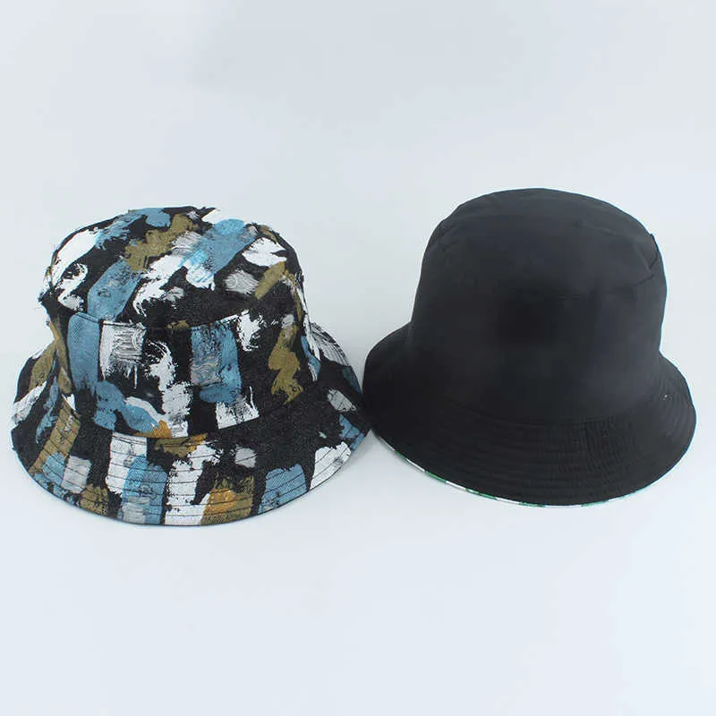DHgate.com:Painted Graffiti Denim Bucket Hat - Wide Brim