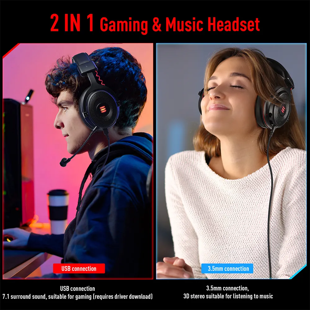 Gaming Headset Gamer Wired 3.5mm Stereo/ USB 7.1 Surround Gaming Headphones For PC/PS4/PS5/Xbox with Noise Cancelling Mic