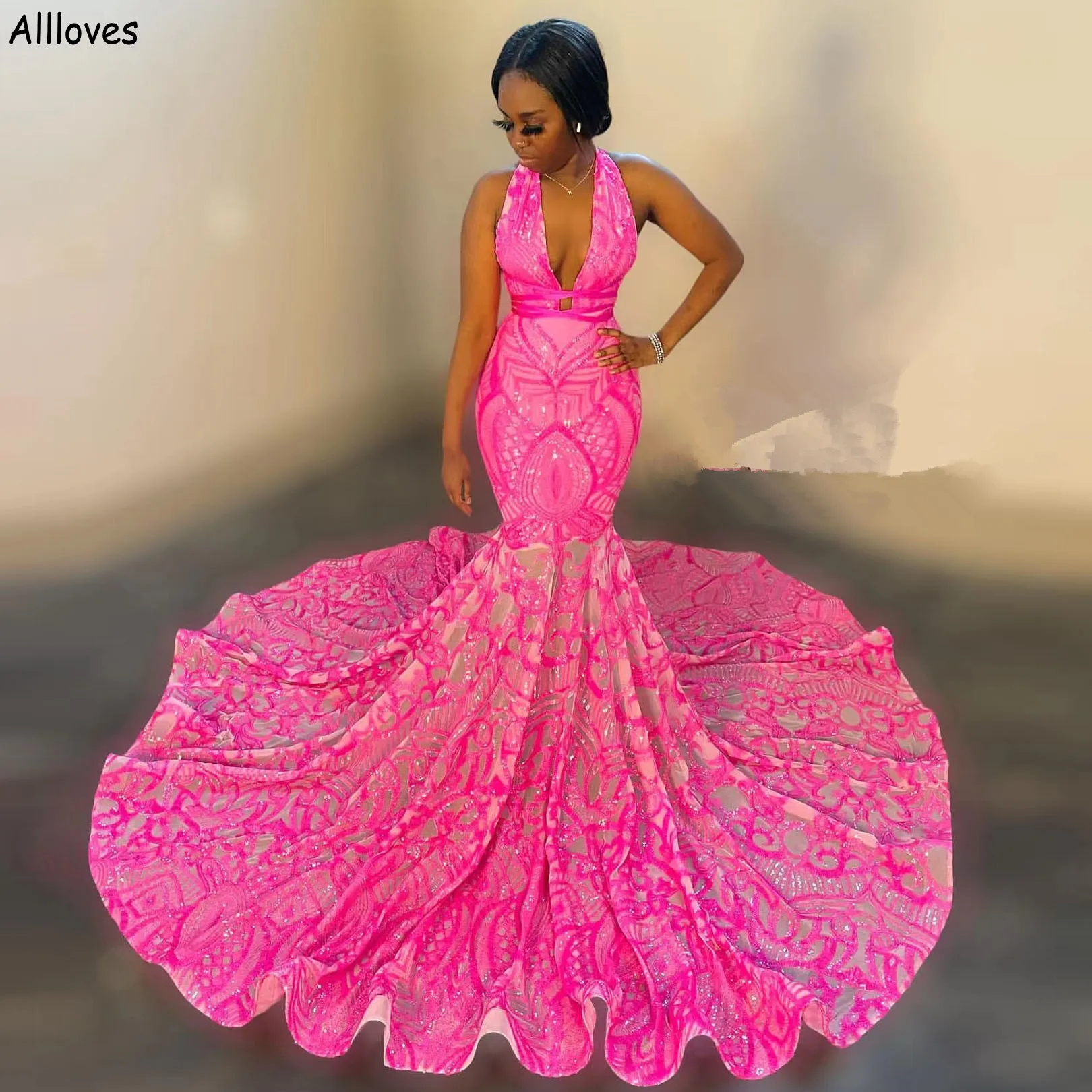 Hot Pink African Lace Mermaid Prom Dresses Sexy Halter Slim and Flare  Formal Evening Gowns Trumpet Plus Size Special Occasion Dress Women Long