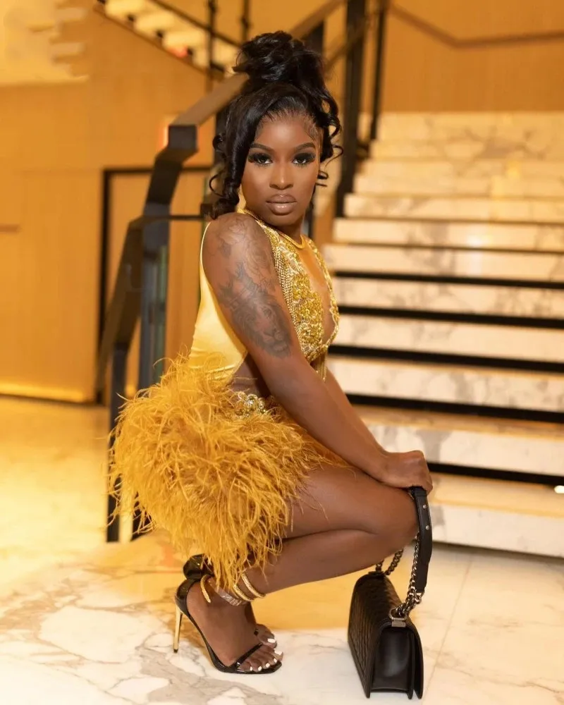 Gold Lace Short Prom Dress with Feather Tassel for Women 2024 Cocktail Party Birthday Dress Beading Crystal Applique