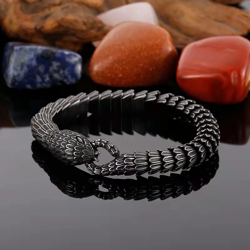Bracelet Manchette Punk Tête De Lion Tresse Acier Inoxydable Chaîne De