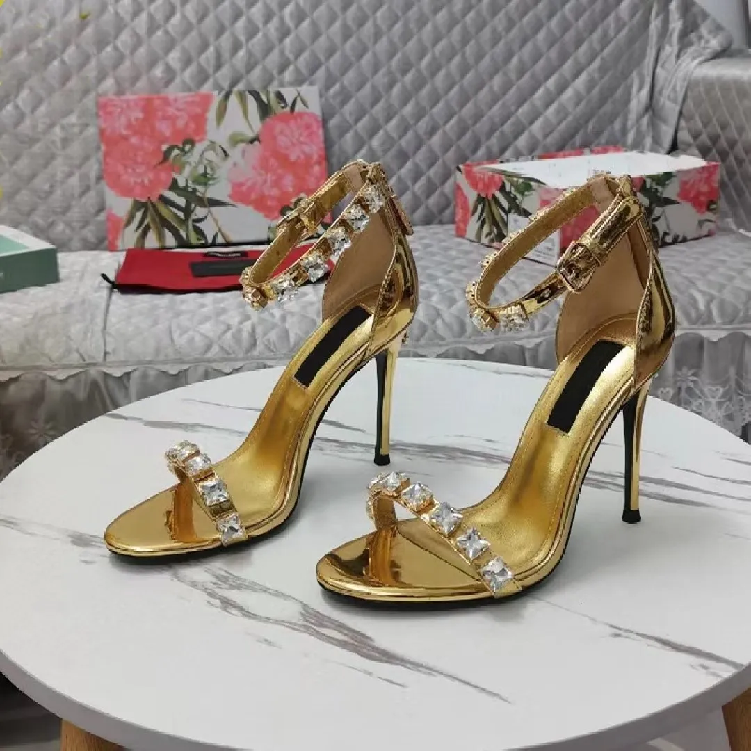 Heeled Sandals 6cm with Crystal Square Buckle Gold