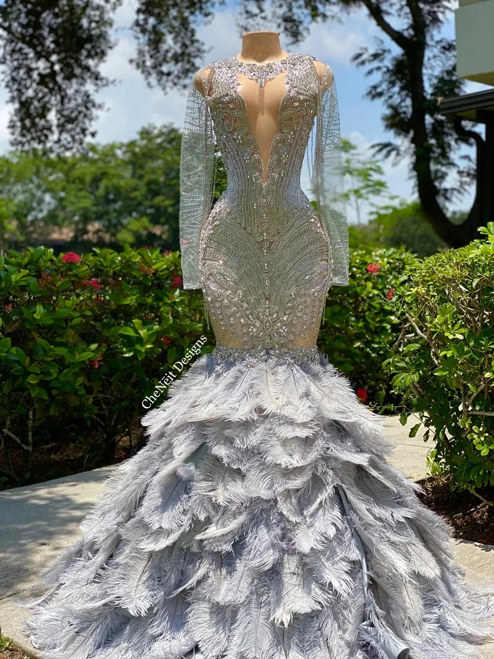 Feather train cheap dress