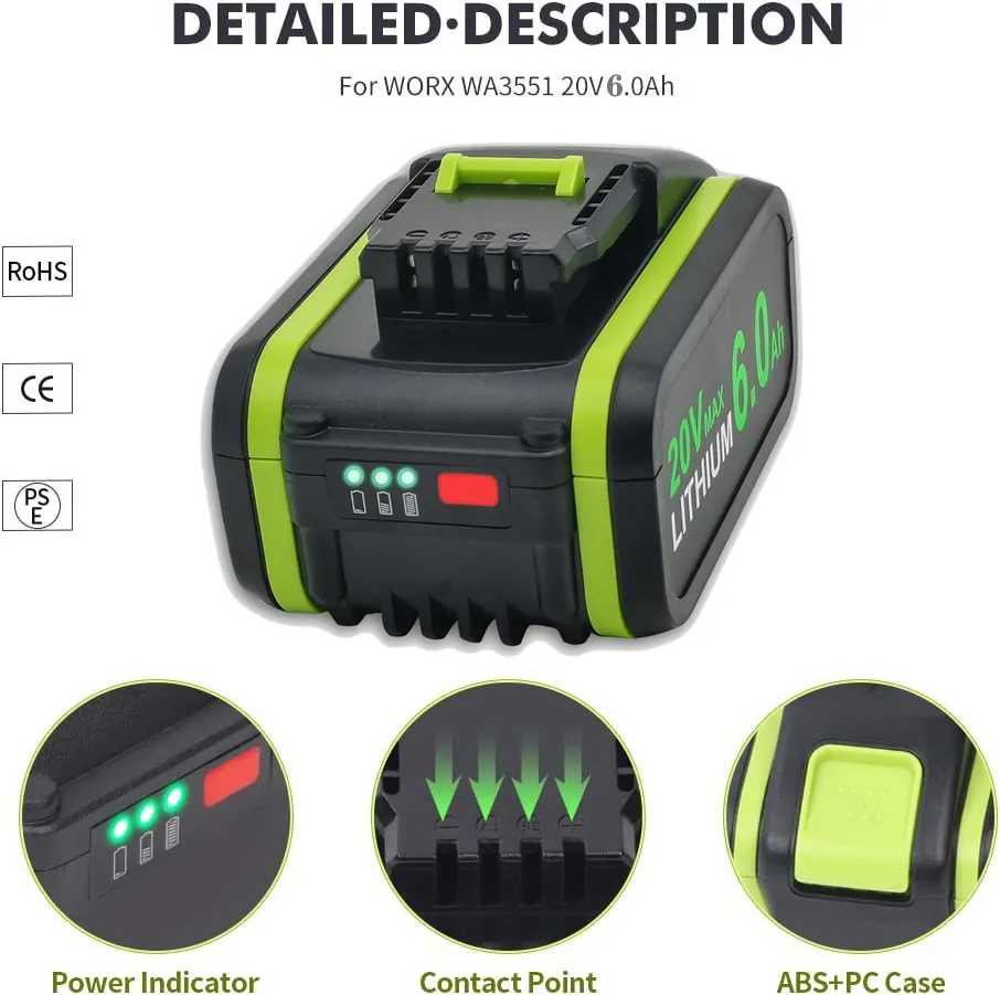 Batería De Repuesto De Iones De Litio Para Worx, 20V, WA3551, WA3551.1,  WA3553, WA3641, WG629E, WG546E, WU268, Herramientas Eléctricas Worx WX386  De 98,94 €