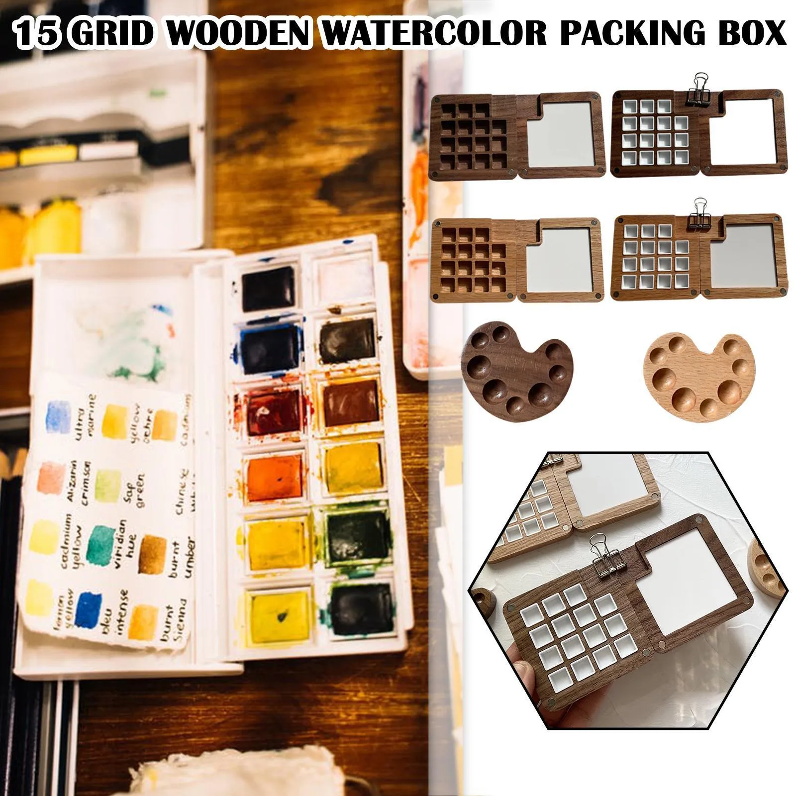 Portable 15 Grid Walnut Oak Watercolor Paint Dessert Box Mini