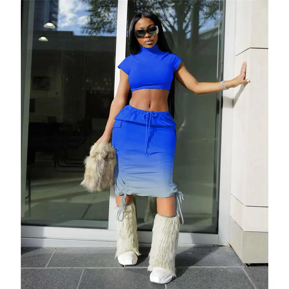 Gradient Two Piece Designer Summer Dress Set For Women Short Sleeve Pullover Crop Top And Bodycon Mini Ombre Skirt Casual Outfit Wholesale Bulk Clothes Style 9483 From Sell clothing 13.96 DHgate.Com