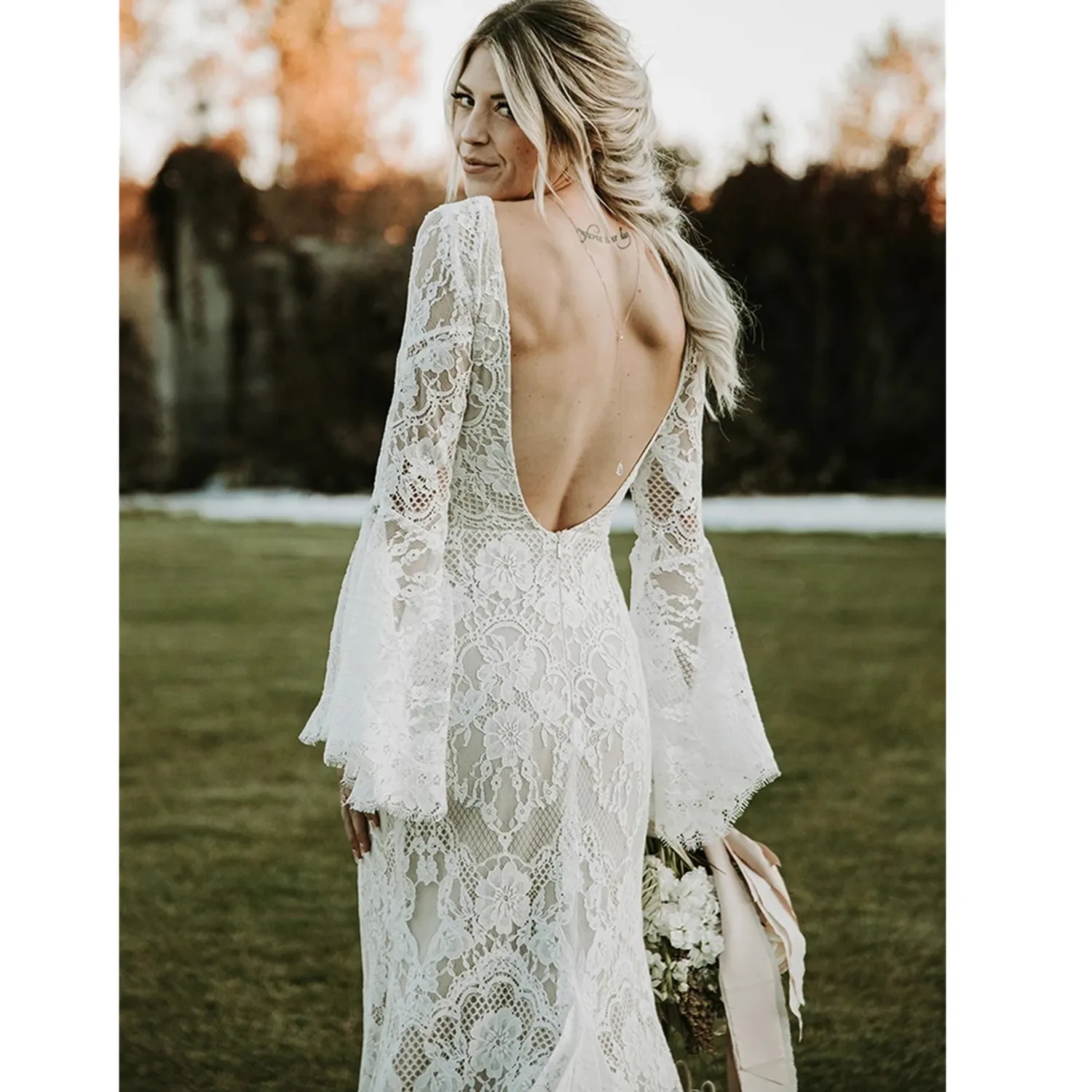 Custom-Made Vintage Lace Mermaid Boho Lace Wedding Dress with Long Sleeves, V-Neck, and Open Back