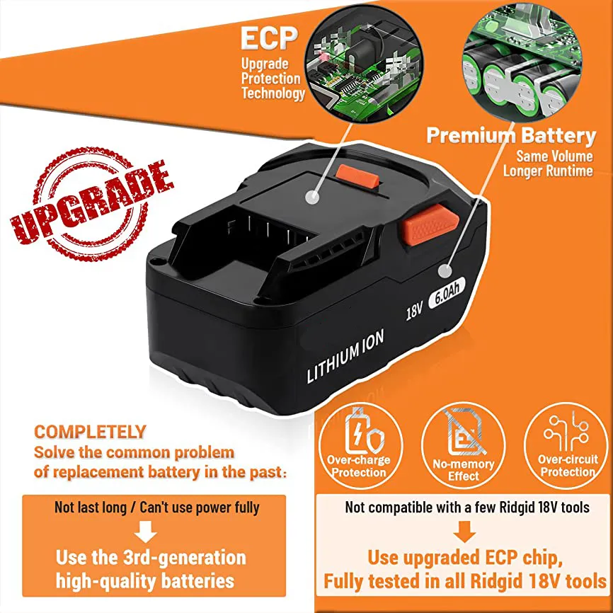 High Capacity 6.0Ah Replacement Battery For AEG RIDGID 18V R840087 R840085 L1815R L1850R L1830R R840083 Cordless Power Tools 2024 Upgraded From Electronicworlduu 108.38 DHgate.Com