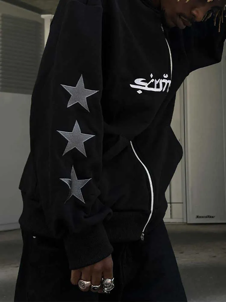 Mens Oversized Y2K Black Zip Up Hoodie With Punk Star Embroidery