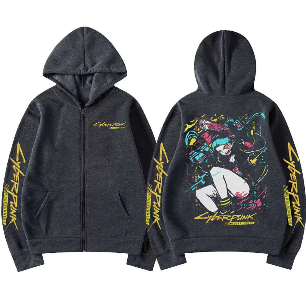 Unisex Cyberpunk Edgerunners Graphic Zip Hoodie Neon Y2K Rebecca David Lucy Design Soft Cotton Blend