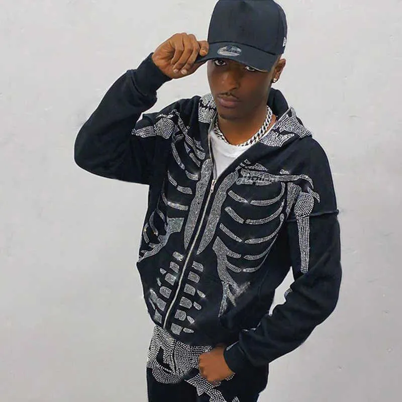 Rhinestone Full Zip Skeleton Goth Sweatshirt for Men and Women