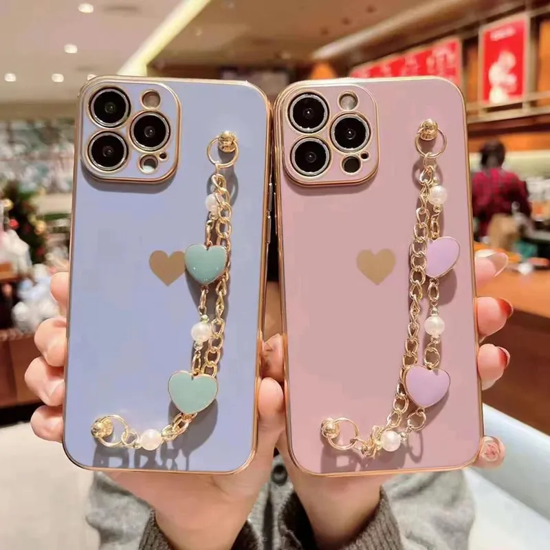 Plating Heart Love Bracelet Phone Case For iPhone 15 Pro Max 11 12 13 14 Pro  Max XR XS Max 7 8 Plus INS Style Soft Bumper Cover