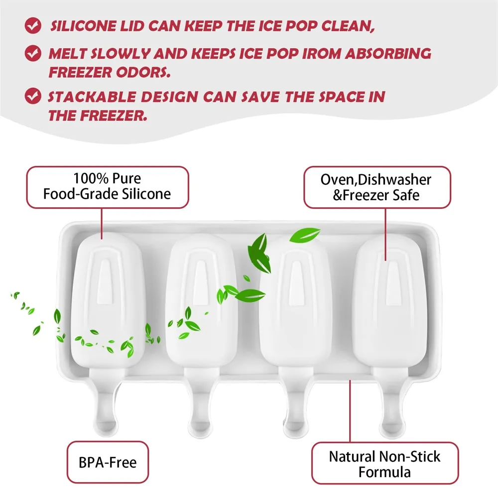 SAKOLLA Moldes de silicona para paletas (juego de 2), moldes para paletas  de hielo, mini 4 cavidades ovaladas caseras con 50 palos de madera