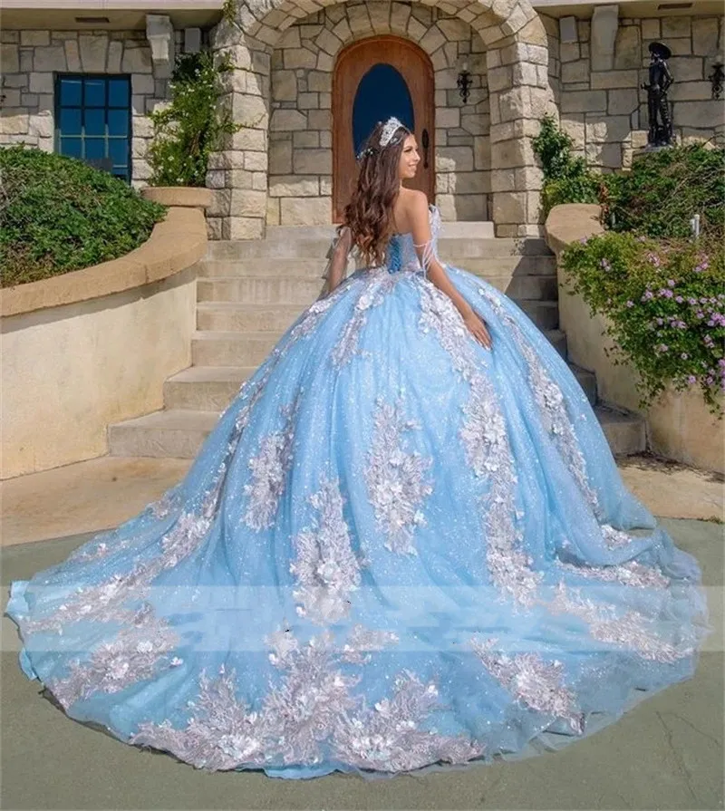 Blue Lace 2024 Sweet 16 Dress Off The Shoulder 3D Flowers Quinceanera –  MyChicDress