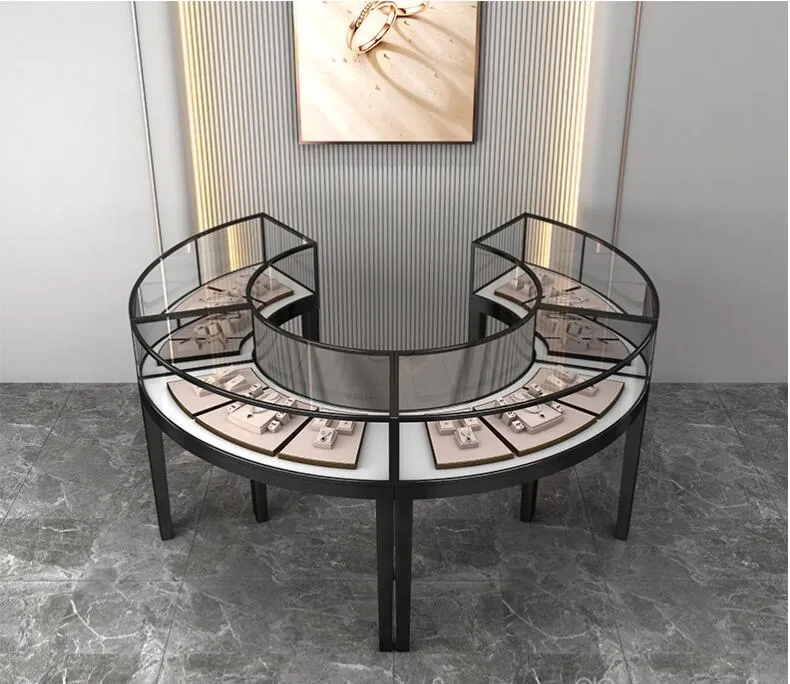 Curved Glass Jewelry Display Case Gold Countertop Stand Stainless Steel Round Modern Design for Hotels Folded for Easy Storage