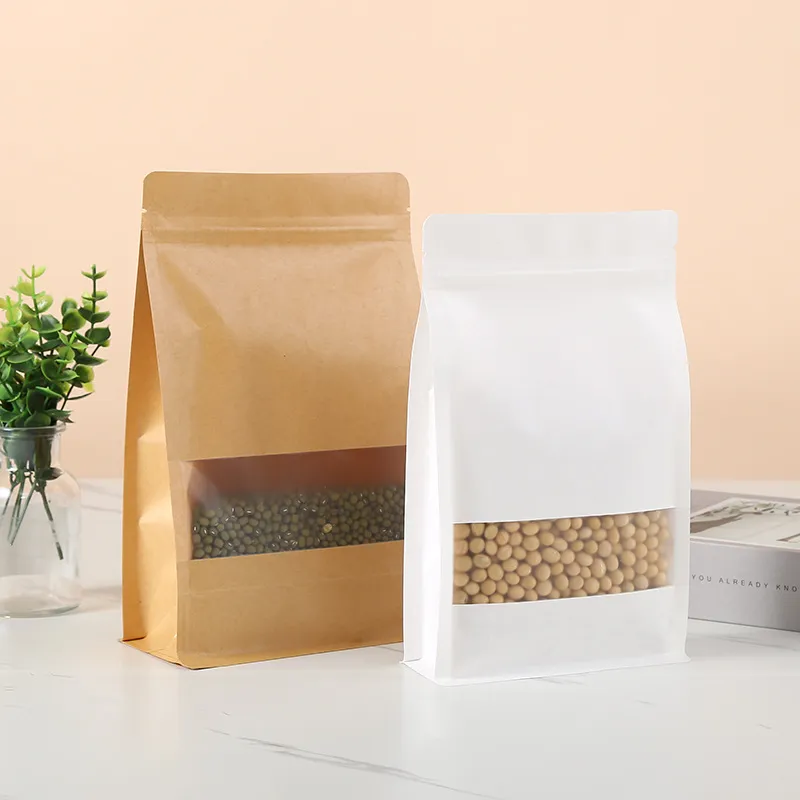 Kraft Paper Bags With Window Brown White Stand Up Pouch For Cookie ...
